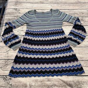Free People Blue, Gray & Black Chevron Knit Sweater Tunic / Dress Size Medium